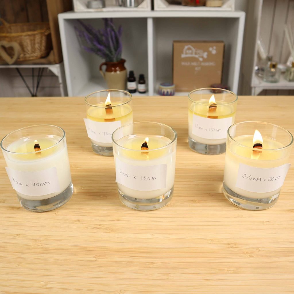 Using Wooden Wicks with SoyaLuna Container Wax: Recommendations 7 Lit Wooden wick testing sizes2