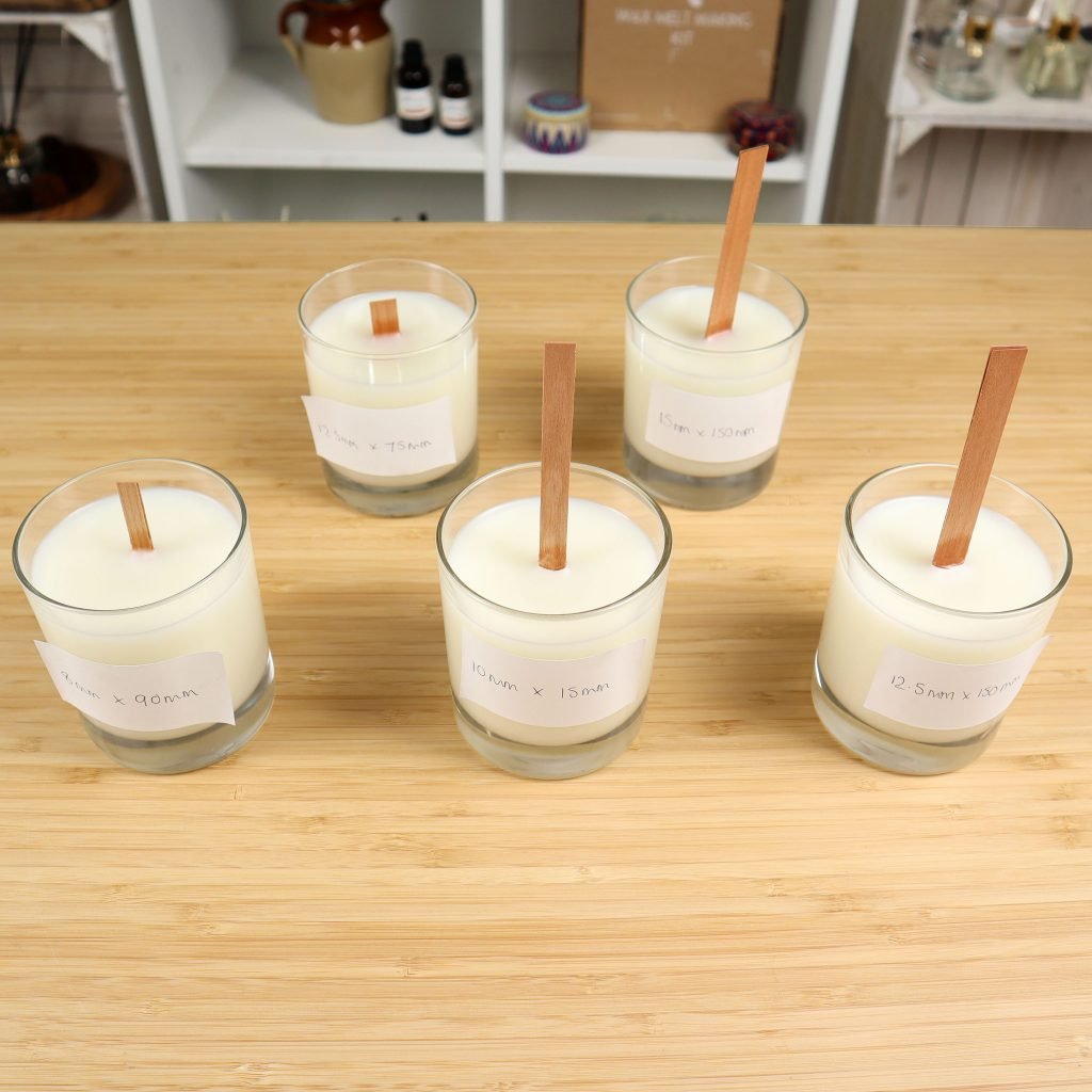 Using Wooden Wicks with SoyaLuna Container Wax: Recommendations 5 Wooden wick testing sizes 1